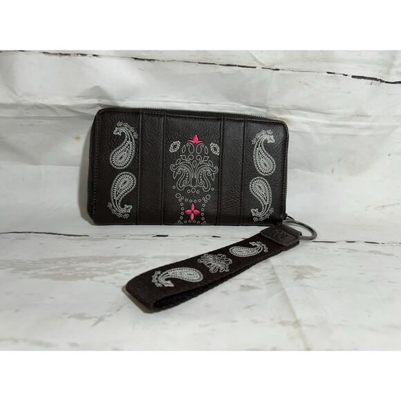 Wrangler Bandana Paisley Print Wallet Brown Wristlet Western - Picture 2 of 7